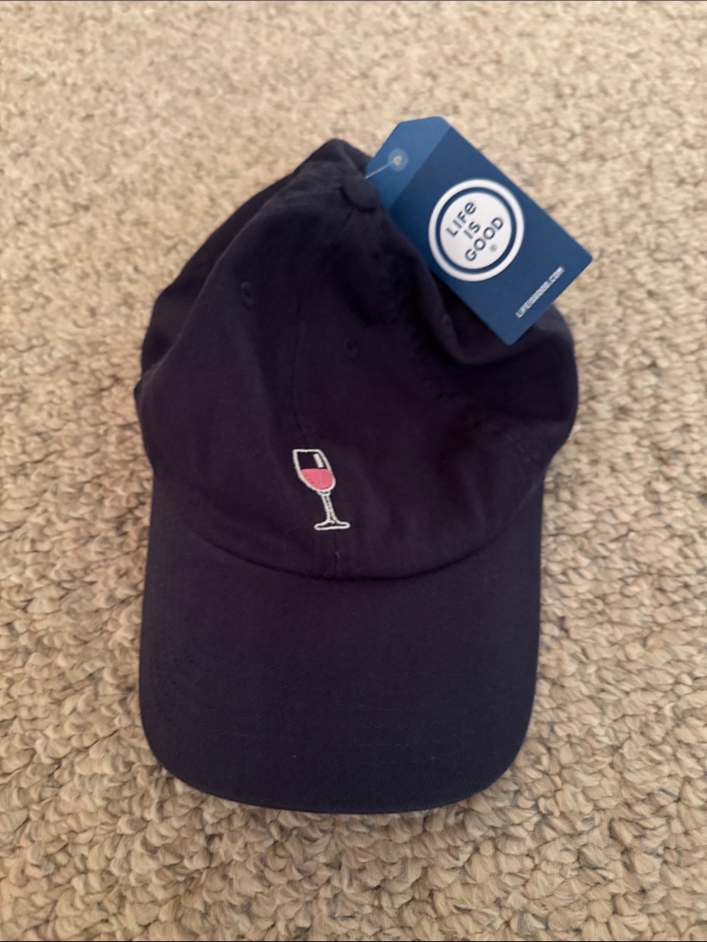 Life Is Good Navy Cap with Pink Wine Glass Embroidery